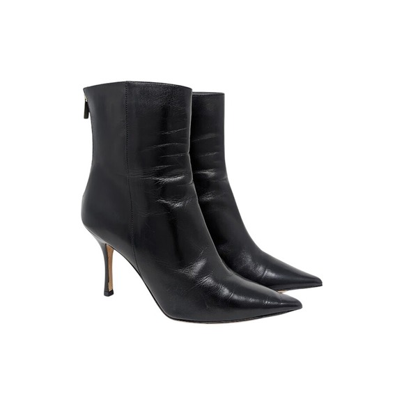 Jimmy Choo Amore Leather Ankle Booties Black 37.5 Stiletto Heel Pointed Toe - Picture 1 of 10